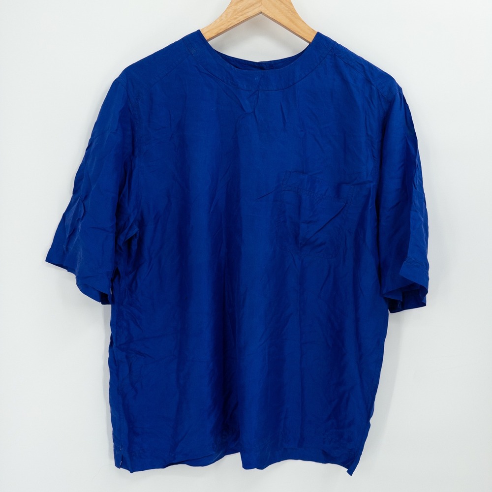 90s Kriss‎ Kross Silk Shirt Mens L Blue Vintage Short Sleeve Minimalist Boxy